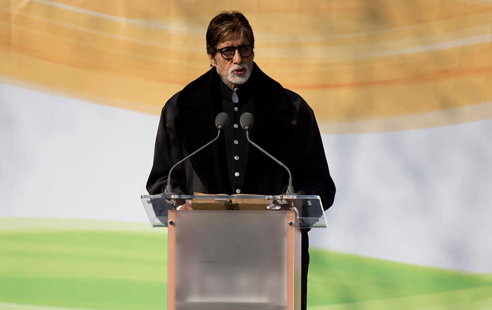 Amitabh Bachchan makes a speech during the unveiling ceremony of a new statue of Mahatma Gandhi by British sculptor Philip Jackson in Parliament Square, London.