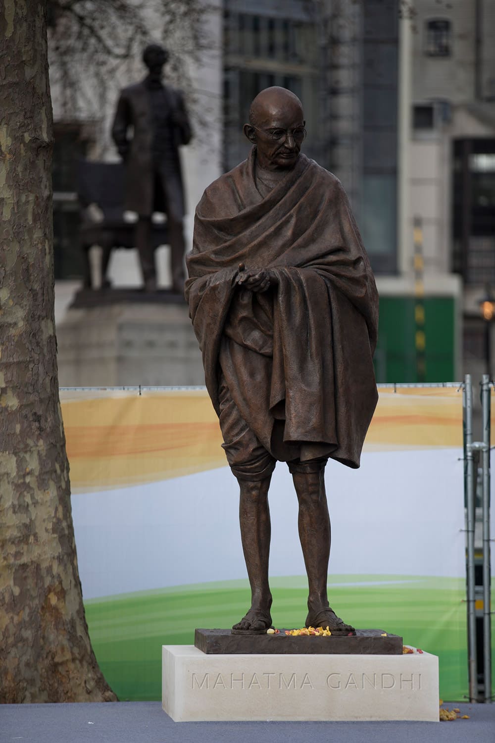 A new statue of Mahatma Gandhi by British sculptor Philip Jackson stands on display after it was unveiled in Parliament Square, London. The bronze sculpture stands 9ft-high (2.75m) and will provide a focal point for commemorations of the 70th anniversary of Gandhi's death in 2018.