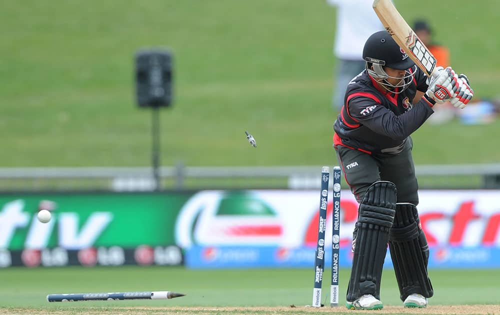 United Arab Emirates Shaiman Anwar is out bowled for two runs by West Indies Jerome Taylor during their Cricket World Cup Pool B match in Napier, New Zealand.