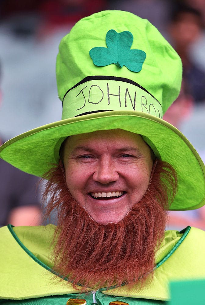 An Ireland fan cheers during their Cricket World Cup Pool B match against Pakistan in Adelaide, Australia.