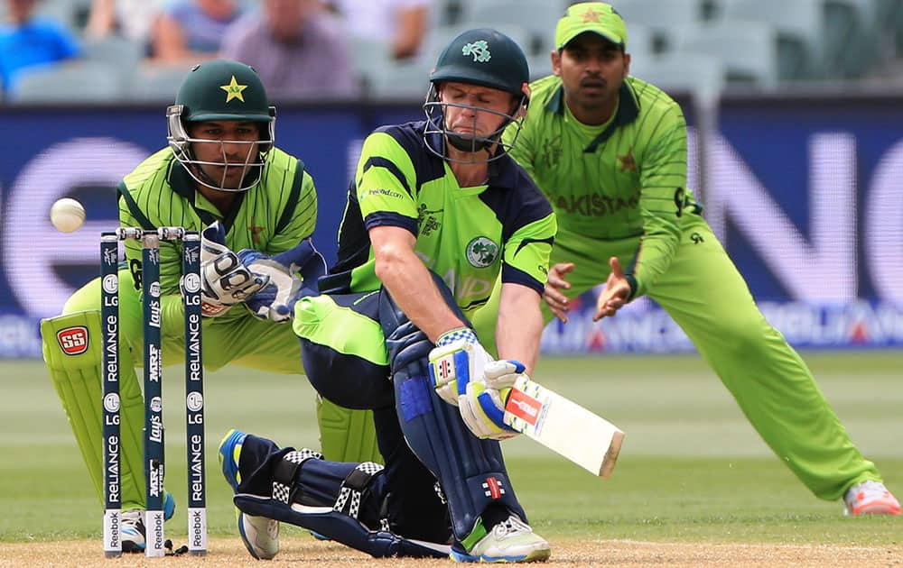 Ireland's captain William Porterfield bats during their Cricket World Cup Pool B match against Pakistan in Adelaide, Australia.