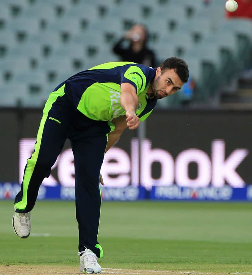 Ireland's Stuart Thompson bowls during their Cricket World Cup Pool B match against Pakistan in Adelaide, Australia.