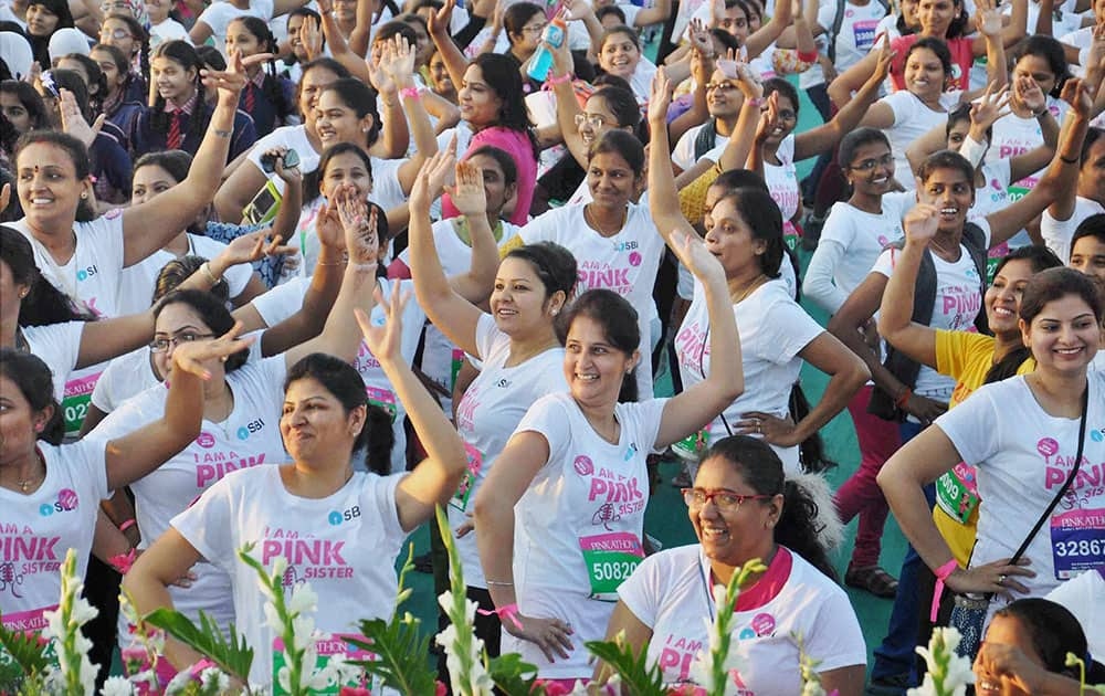 Girls participating in Pinkathon at the Peoples Plaza in Hyderabad.