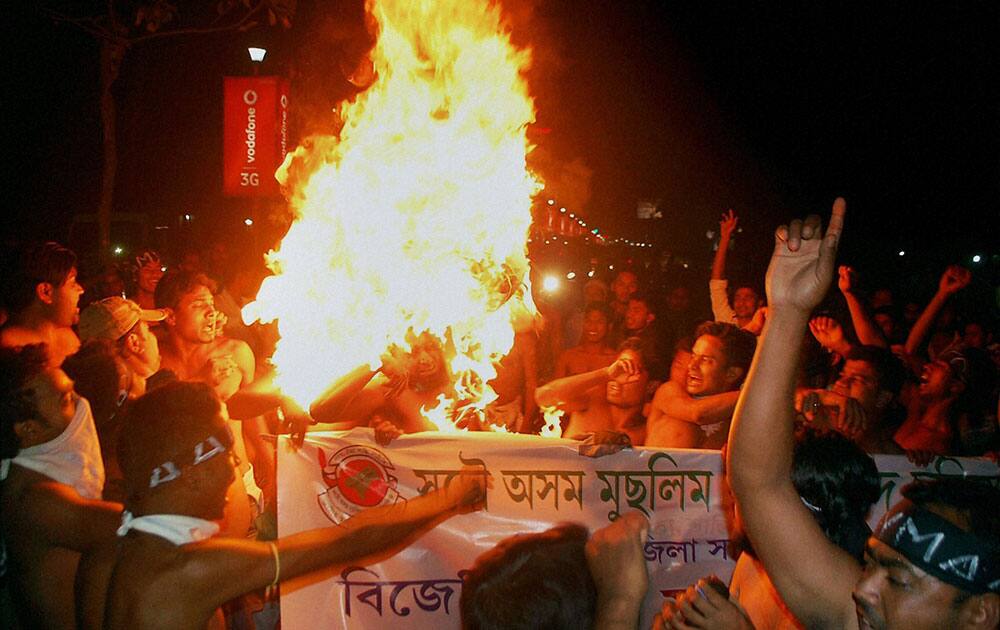 Members of All Assam Muslim Yuba Parishad (S) during a protest against BJP leader Subramanian Swamy in Dibrugarh.