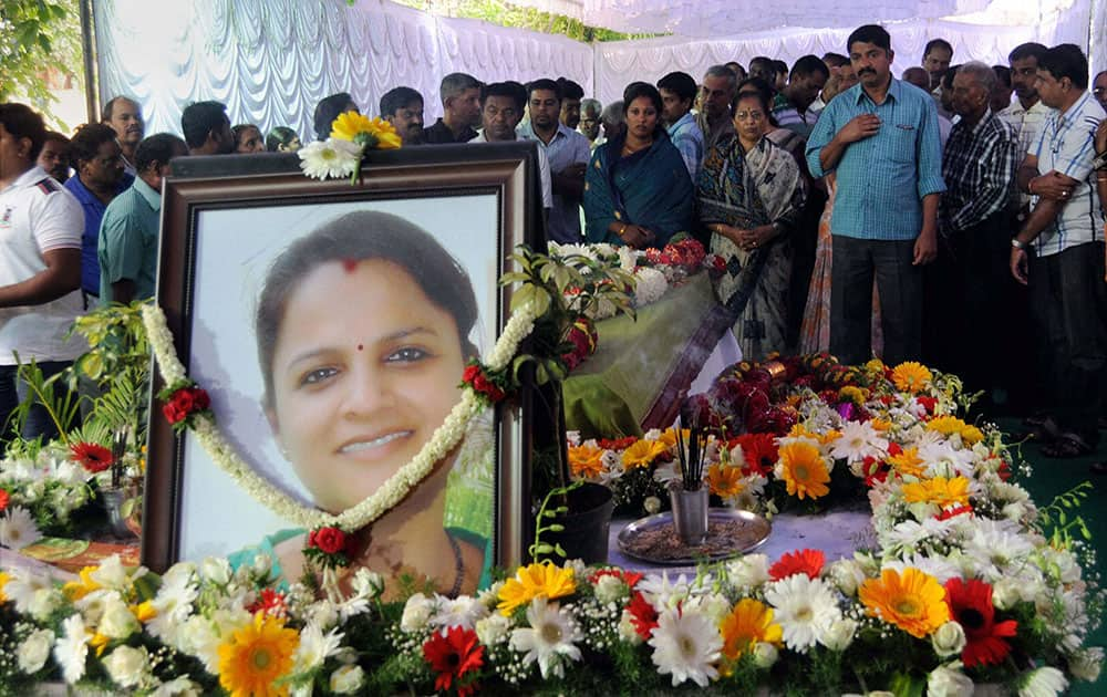 People paying last respects to Prabha Arun Kumar, who was brutally murdered in Australia last week, in Bengaluru.