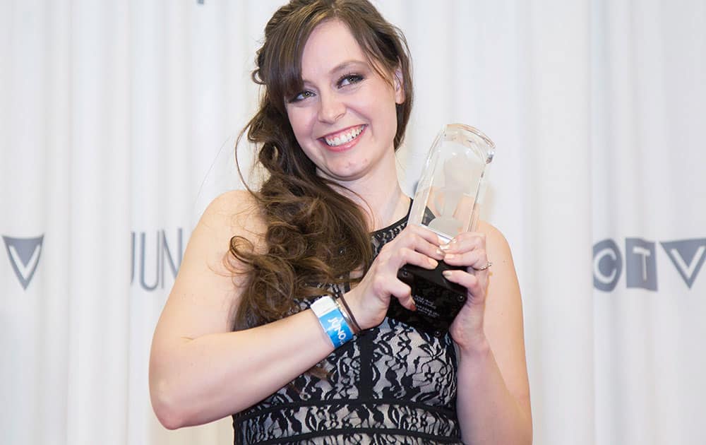 Art director, designer, illustrator Roberta Hansen backstage after receiving the Juno for Recording Package of the Year during the JUNO Gala Dinner and Awards in Hamilton.