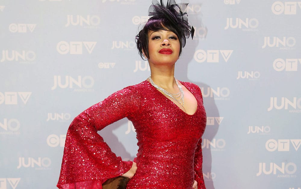 Melanie Durrant poses on the red carpet during the 2015 Juno Awards in Hamilton, Ont.