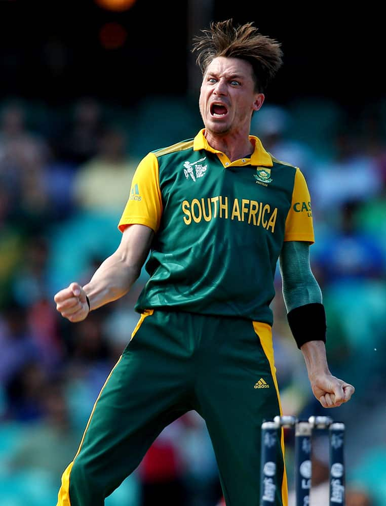 South African bowler Dale Steyn celebrates after taking the wicket of Sri Lanka's Tillakaratne Dilshan during their Cricket World Cup quarterfinal match in Sydney, Australia.