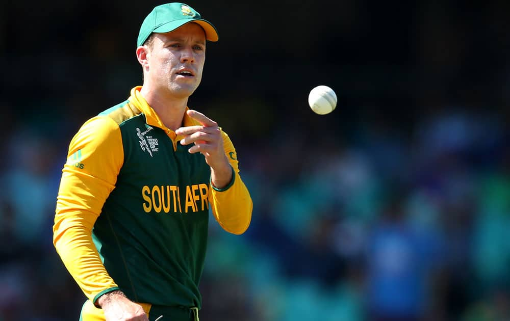 South African captain AB de Villiers throws the ball to a teammate during their Cricket World Cup quarterfinal match against Sri Lanka in Sydney, Australia.