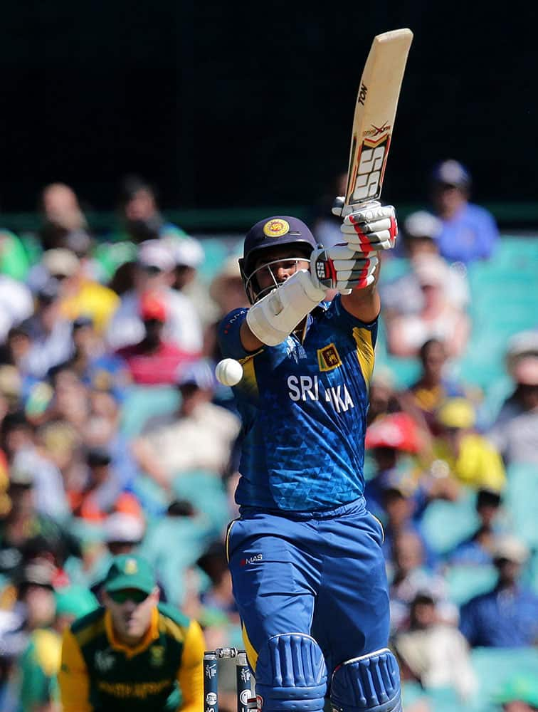 Sri Lanka's Lahiru Thirimanne plays at the ball while batting against South Africa during their Cricket World Cup quarterfinal match in Sydney, Australia.