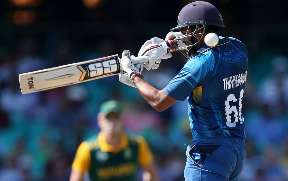 Sri Lanka's Lahiru Thirimanne plays at the ball while batting against South Africa during their Cricket World Cup quarterfinal match in Sydney, Australia.