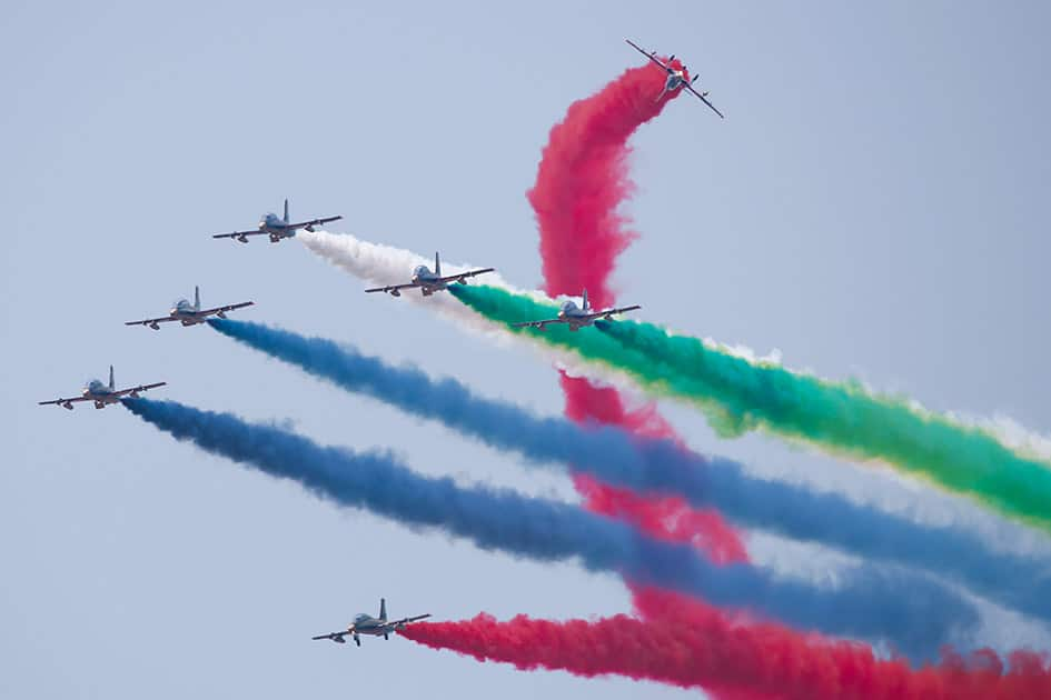 UAE Air Force aerobatic display team perform at Langkawi International Maritime and Aerospace Exhibition in Langkawi, Malaysia.