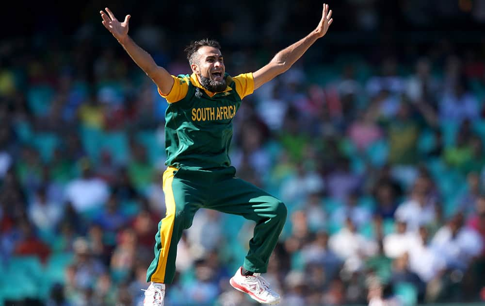 South African bowler Imran Tahir appeals to the umpire for a dismissal during their Cricket World Cup quarterfinal match against Sri Lanka in Sydney.