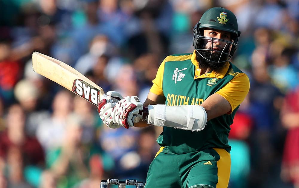 South Africa's Hashim Amla watches as the ball goes past his head while batting against Sri Lanka during their Cricket World Cup quarterfinal match in Sydney, Australia.