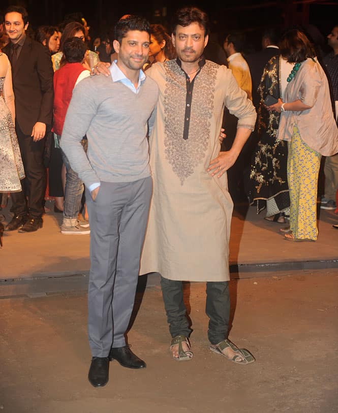 Farhan Akhtar and Irfan Khan during the opening of Lakme Fashion Week Summer Resort 2015 in Mumbai. -dna