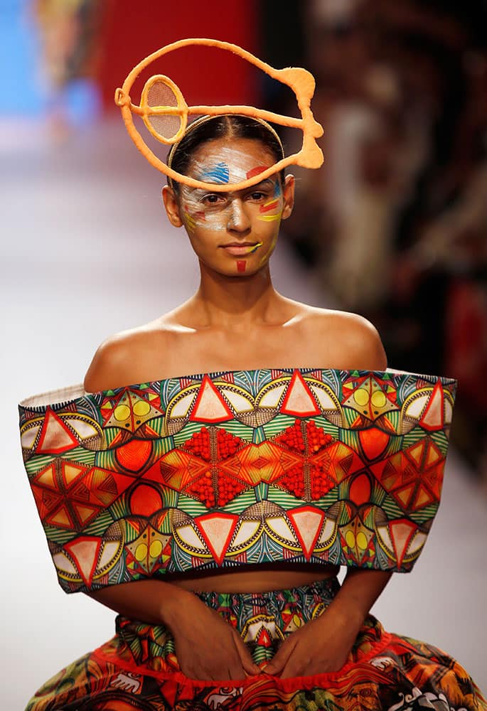 A model walks the ramp during the INIFD Gen Next Show at the Lakme Fashion Week Summer Resort 2015 in Mumbai.