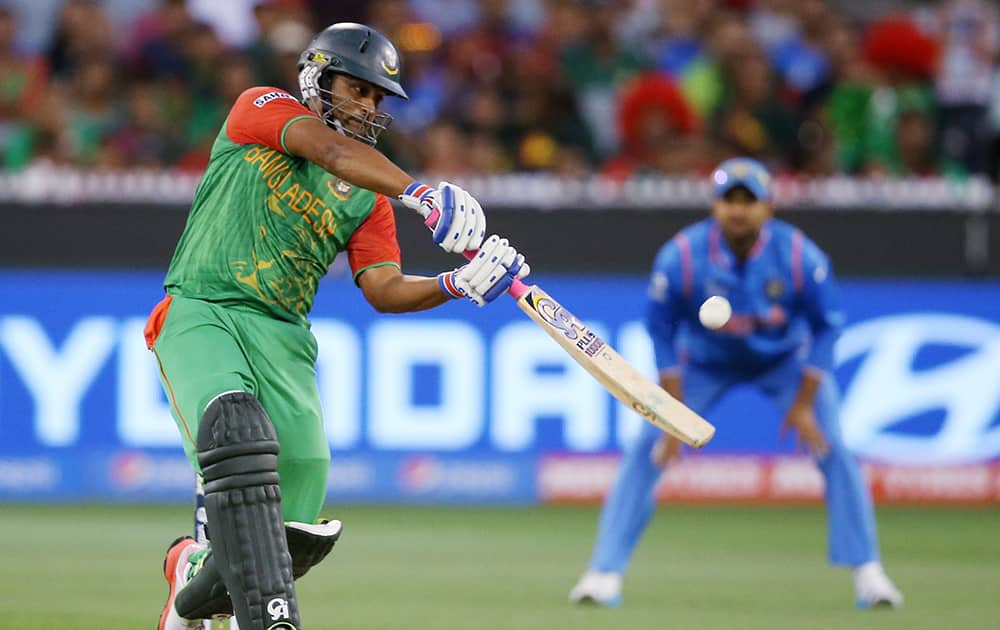 Bangladesh’s Tamim Iqbal plays a shot while batting against India during their Cricket World Cup quarterfinal match in Melbourne, Australia.