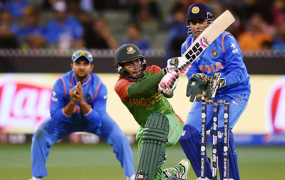 Bangladesh’s Mushfiqur Rahim plays a shot during their Cricket World Cup quarterfinal match against India in Melbourne.