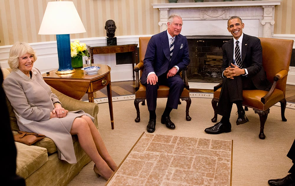 President Barack Obama meets with Britain's Prince Charles, and his wife Camilla, the Duchess of Cornwall, in the Oval Office of the White House in Washington. 