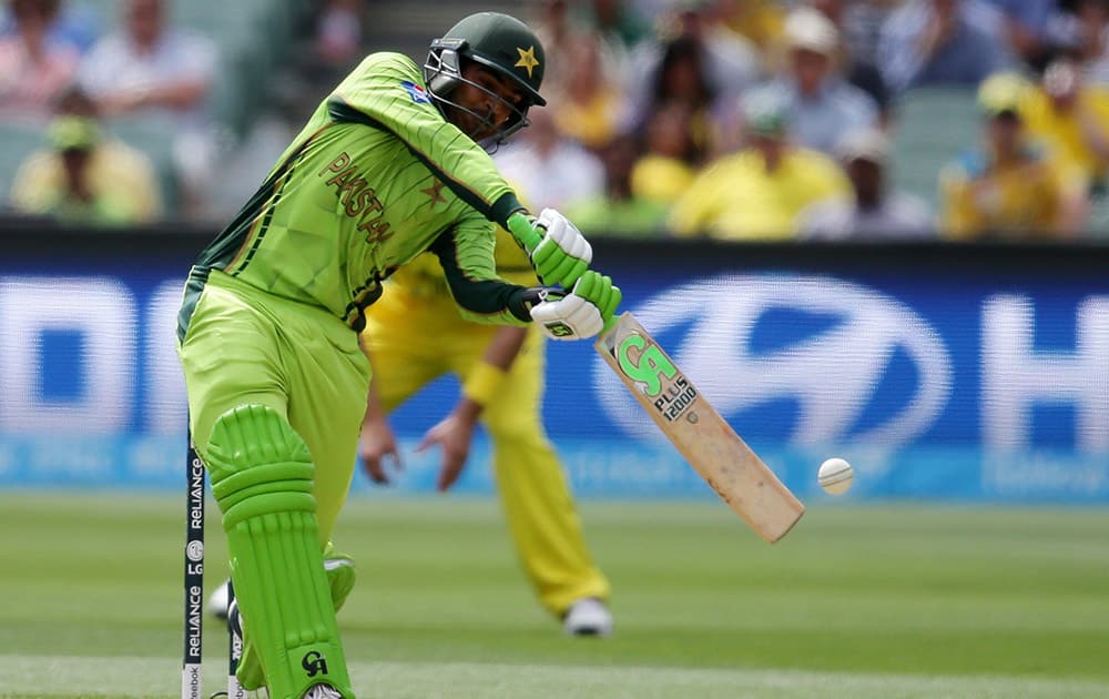 Pakistan's Haris Sohail plays a shot while batting against Australia during their Cricket World Cup quarterfinal match in Adelaide, Australia.