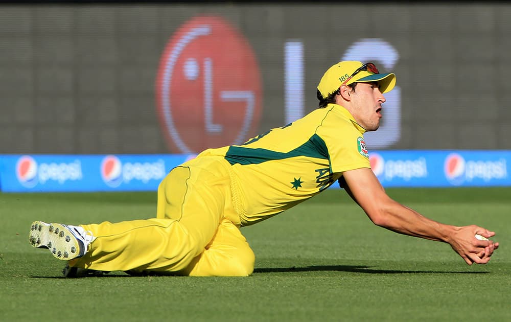 Australia's Mitchell Starc takes a catch to dismiss Pakistan's Ehsan Adil during their Cricket World Cup quarterfinal match in Adelaide, Australia.