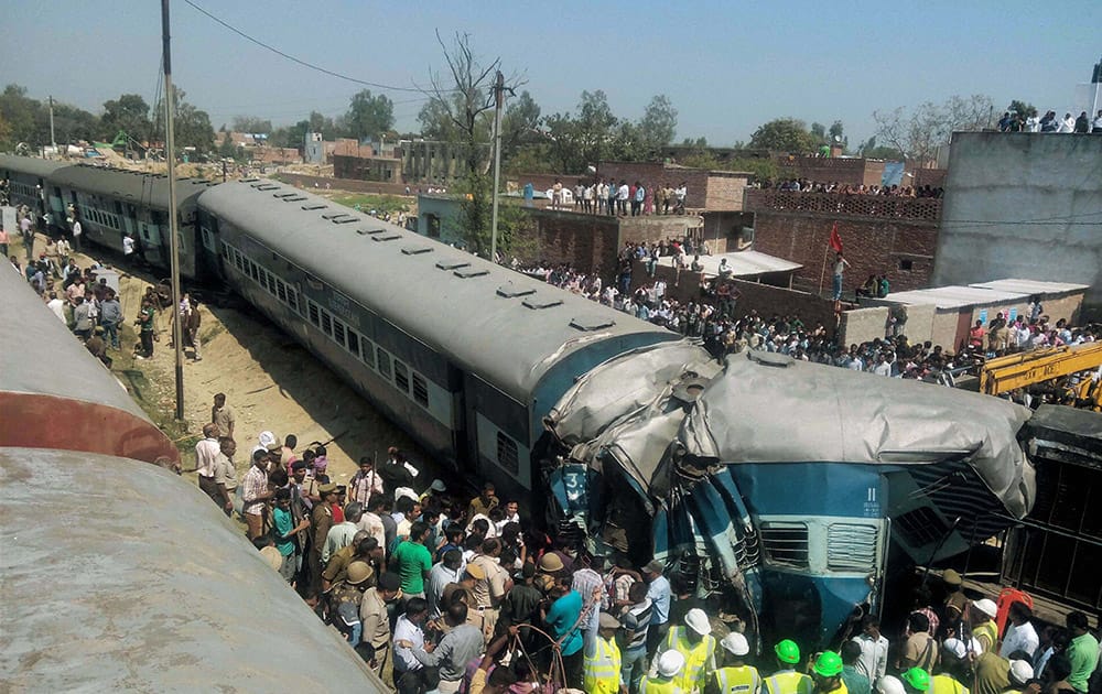 Rescue work is carried out after the Dehradun-Varanasi Janata Express derailed at the Bachhrawan railway station in Raebareli.