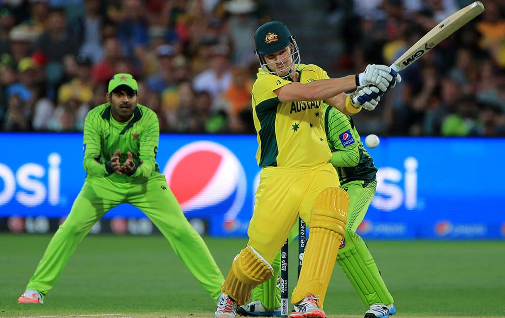 Australia's Shane Watson plays a shot while batting against Pakistan during their Cricket World Cup quarterfinal match in Adelaide.