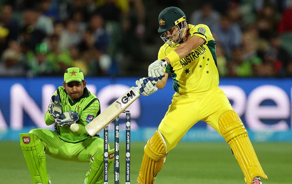 Australia's Shane Watson hits the ball while batting against Pakistan during their Cricket World Cup quarterfinal match in Adelaide, Australia.