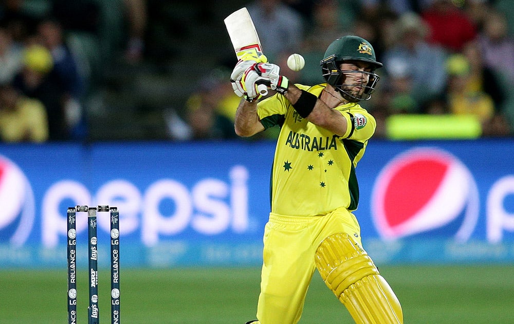 Australia's Glenn Maxwell swings at the ball while batting against Pakistan during their Cricket World Cup quarterfinal match in Adelaide, Australia.