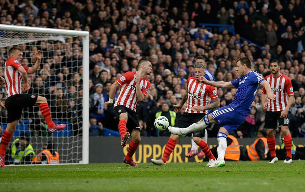 Chelsea's captain John Terry fails to score during the English Premier League soccer match between Chelsea and Southampton at Stamford Bridge stadium in London.