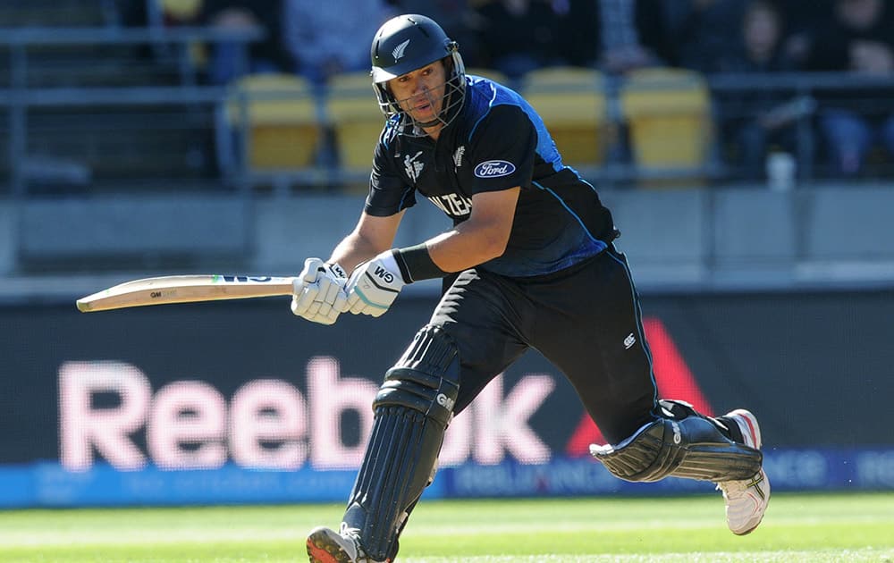 New Zealand’s Ross Taylor runs down the wicket while batting against the West Indies during their Cricket World Cup quarterfinal match in Wellington, New Zealand.