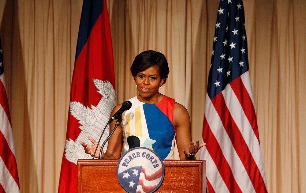 US first lady Michelle Obama speaks to the Peace Corps volunteers, in Siem Reap, Cambodia.