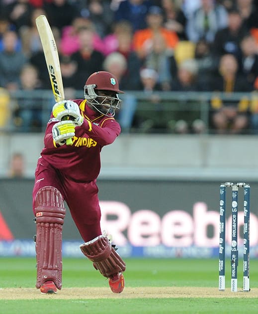 West Indies batsman Jonathan Carter plays a shot while batting against New Zealand during their Cricket World Cup quarterfinal match in Wellington.