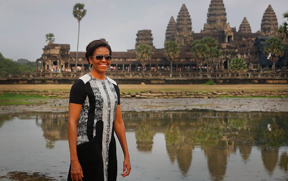 US first lady Michelle Obama, takes a tour of Cambodia's famed Angkor Wat temple complex in Siem Reap, Cambodia.