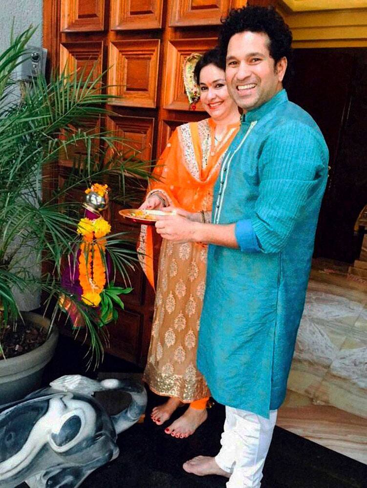 Bharat Ratna Sachin Tendulkar with wife Anjali celebrates Gudi Padwa Hindu new year at his residence in Mumbai.