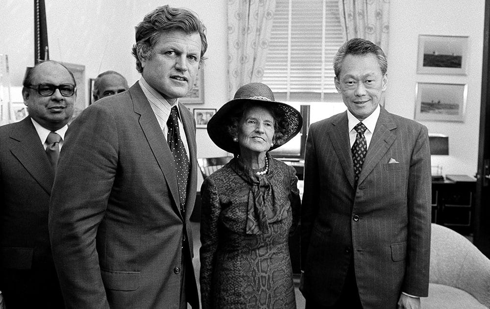 FILE - In this May 8, 1975, file photo, Singapore's then-Prime Minister Lee Kuan Yew, right, meets with Sen. Edward Kennedy, D-Mass., second from left, and Kennedy's mother, Mrs. Rose Kennedy, center, in Washington. 