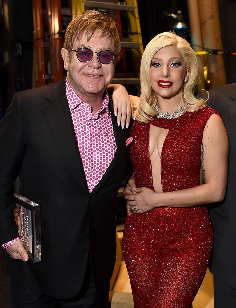 Elton John and Lady Gaga attend Backstage at the Geffen, in Los Angeles.