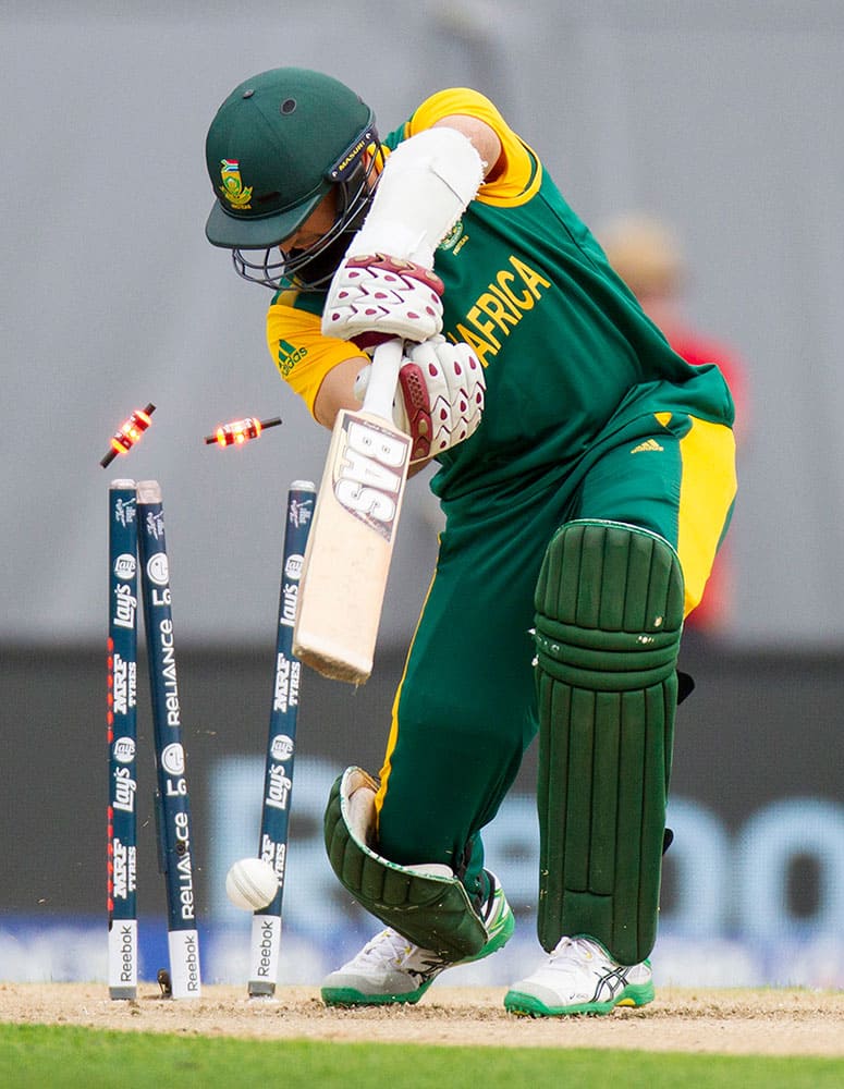 South Africa's Hashim Amla is bowled by New Zealand’s Trent Boult for 10 runs during their Cricket World Cup semifinal in Auckland, New Zealand.