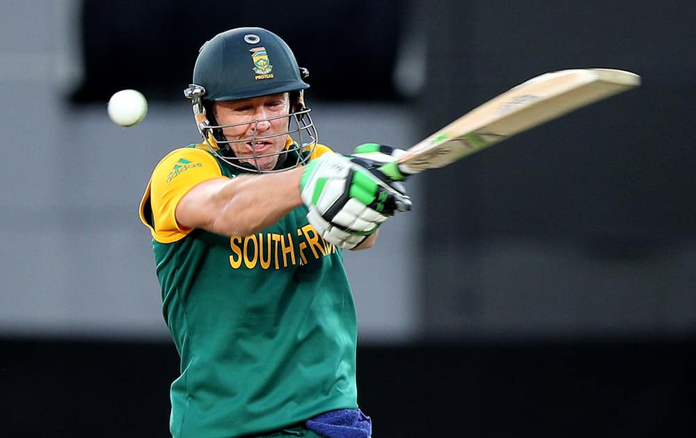 South Africa's AB de Villiers plays at the ball while batting against New Zealand during their Cricket World Cup semifinal in Auckland, New Zealand.