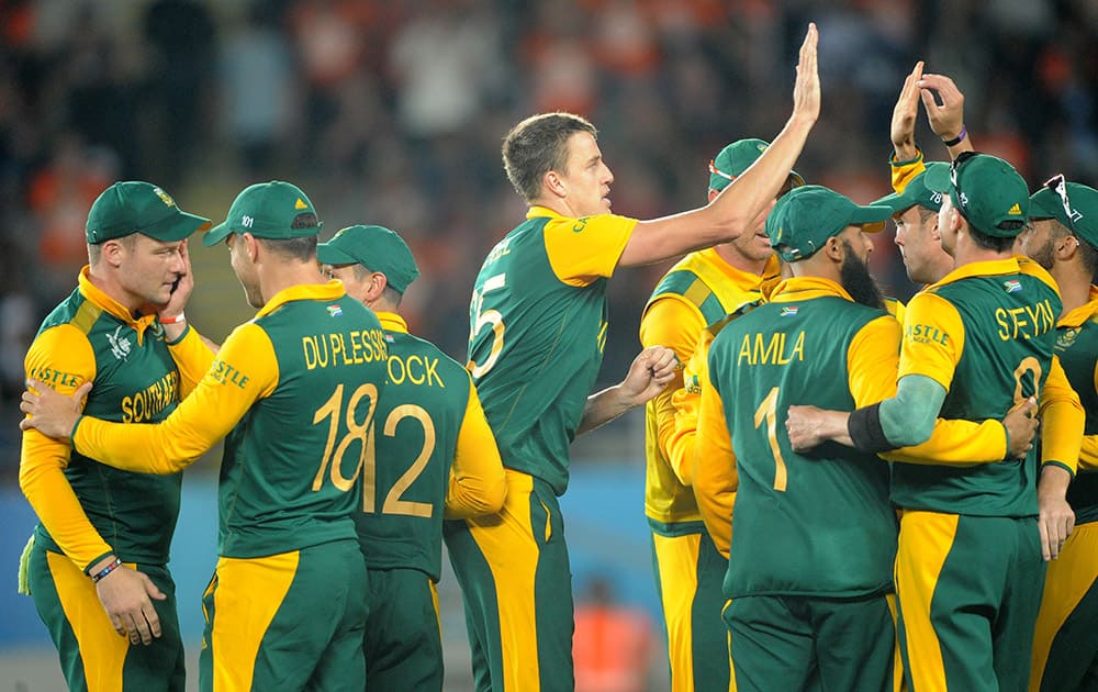 South Africa's Morne Morkel, is congratulated by his teammates after dismissing New Zealand’s Brendon McCullum during their Cricket World Cup semifinal in Auckland.