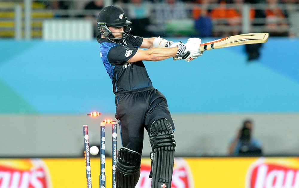 New Zealand’s Kane Williamson is out bowled for six runs while batting against South Africa during their Cricket World Cup semifinal in Auckland.