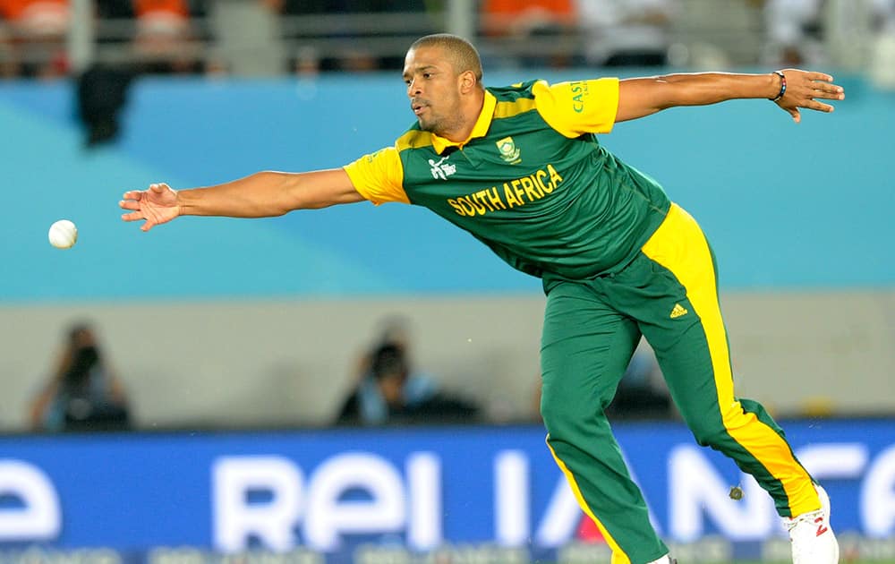 South Africa's Vernon Philander reaches out to field the ball during their Cricket World Cup semifinal against New Zealand.