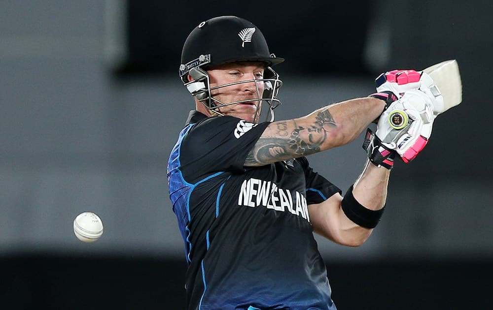 New Zealand’s Brendon McCullum plays a shot while batting against South Africa during their Cricket World Cup semifinal in Auckland, New Zealand.