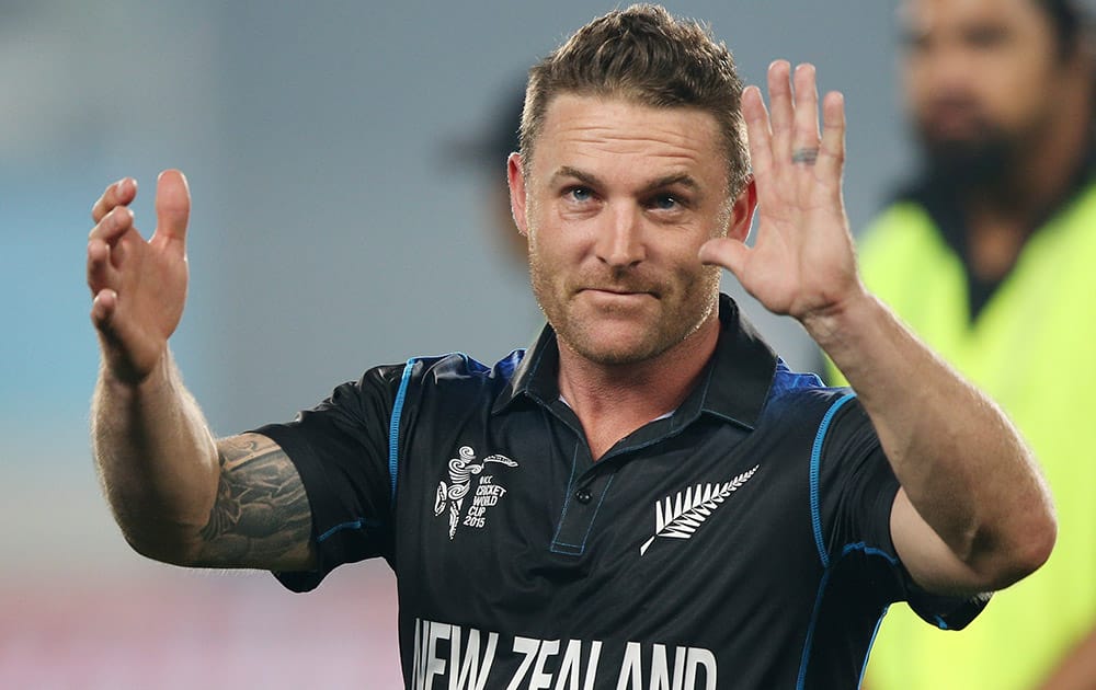 New Zealand captain Brendon McCullum wave sot the crowd following their four wicket win over South Africa in their Cricket World Cup semifinal in Auckland, New Zealand.