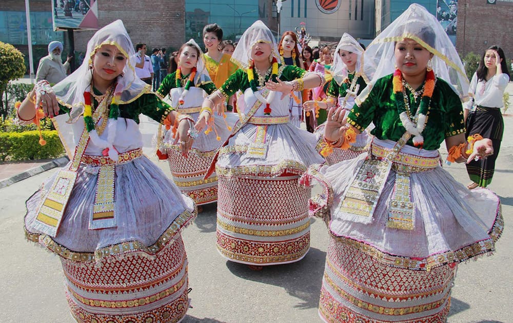 Students from Manipur perform their traditional dance during Annual Mega National Festival One India in Jalandhar.
