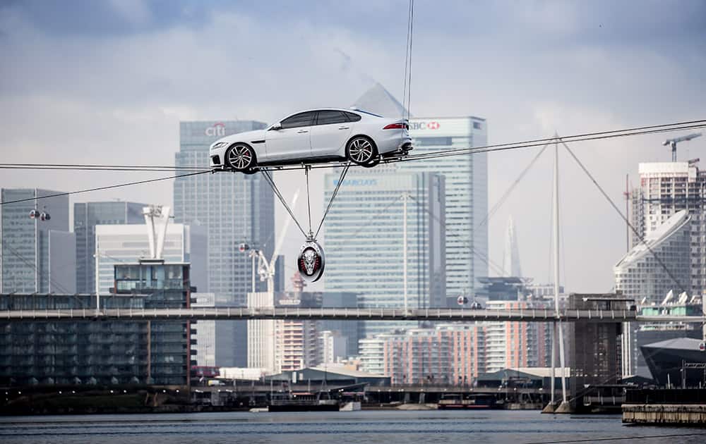 The all-new Jaguar XF performs the world's longest high-wire water crossing in the heart of London's business district.