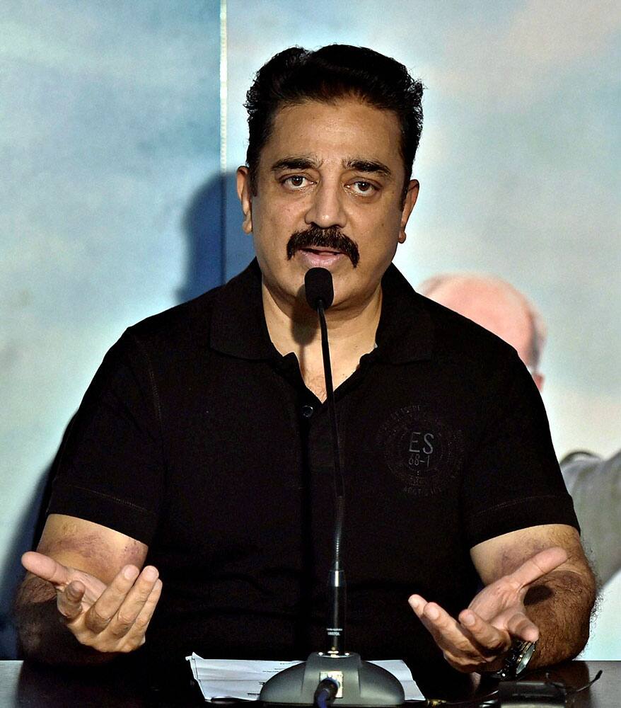 Actor Kamal Hassan speaks about his upcoming movie during a press conference at his residence in Chennai.
