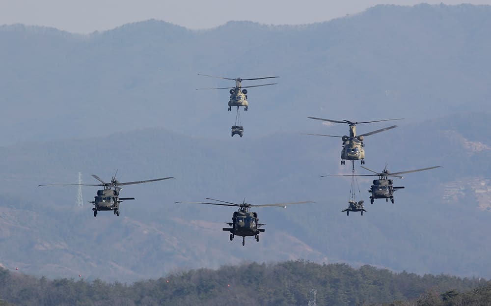 US Army's Blackhawk and Chinook helicopters fly during a combined arms live-fire exercise as a part of the annual joint military exercise Foal Eagle between South Korea and the United States at the Rodriquez Multi-Purpose Range Complex in Pocheon, north of Seoul, South Korea.