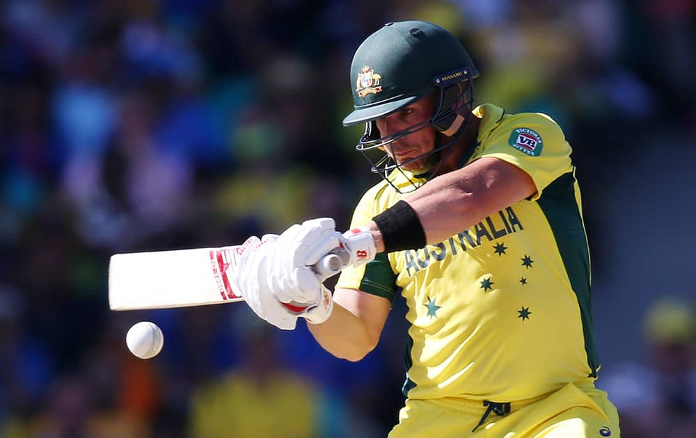 Australia's Aaron Finch plays a shot while batting against India during their Cricket World Cup semifinal in Sydney.