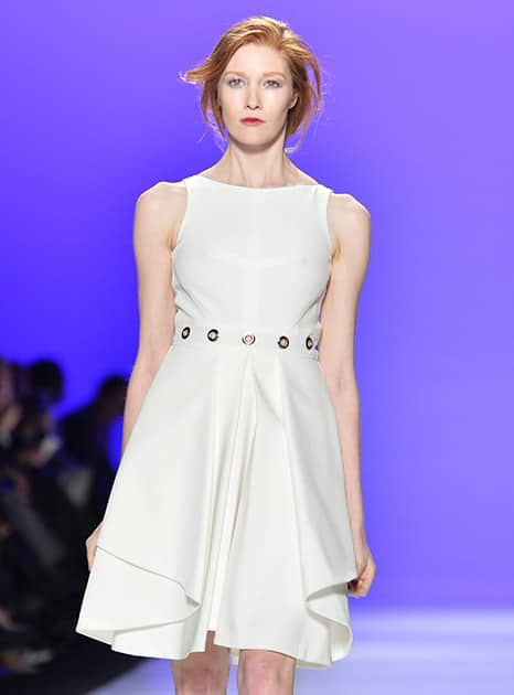 A model walks the runway for the David Dixon Fall 2015 collection during Toronto fashion week in Toronto.